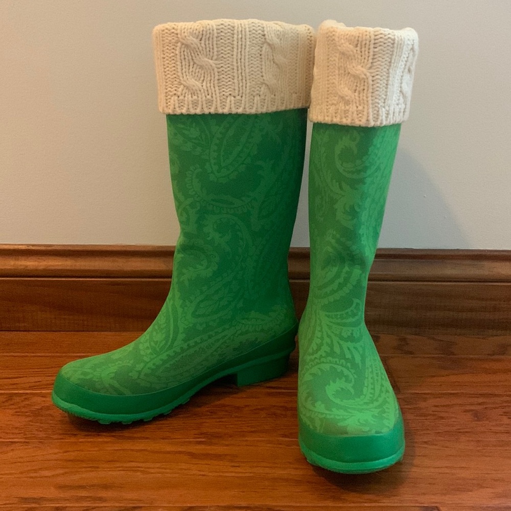 LL Bean Green Paisley Rainboots